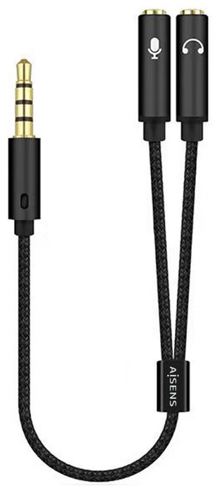 Aisens Cable Adaptador Audio Jack 3.5mm 4 Pines Macho a 2x Jack 3.5mm 3 Pines Hembra, Negro, 25 cm