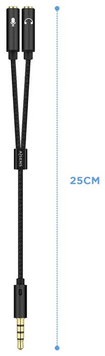 Aisens Cable Adaptador Audio Jack 3.5mm 4 Pines Macho a 2x Jack 3.5mm 3 Pines Hembra, Negro, 25 cm