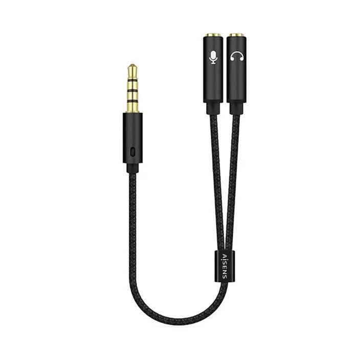 Aisens Cable Adaptador Audio Jack 3.5mm 4 Pines Macho a 2x Jack 3.5mm 3 Pines Hembra, Negro, 25 cm