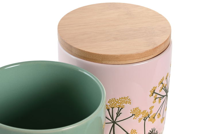 DKD Home Decor Bote Perfume Loving Shabby Verde Rosa Gres Bambú 11.5 x 12 x 11.5 cm (2 Unidades)