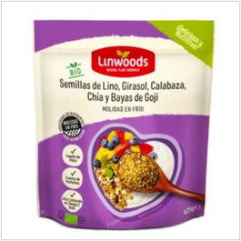LINWOODS Semillas Lino Calabaza Girasol Chia Goji 425G. Alto en Proteínas, Fibra y Omega 3. Apto Vegano Sin Gluten