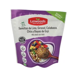 LINWOODS Semillas Lino Calabaza Girasol Chia Goji 425G. Alto en Proteínas, Fibra y Omega 3. Apto Vegano Sin Gluten