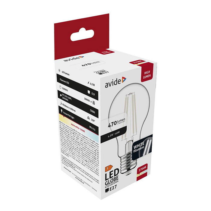 Avide Bombilla LED White Filament Globe 4.5W E27 Blanco Cálido 2700K