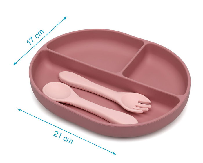 KioKids Set Cubiertos y Bandeja BLW en Silicona con Ventosa y Divisiones Rosa +6 Meses