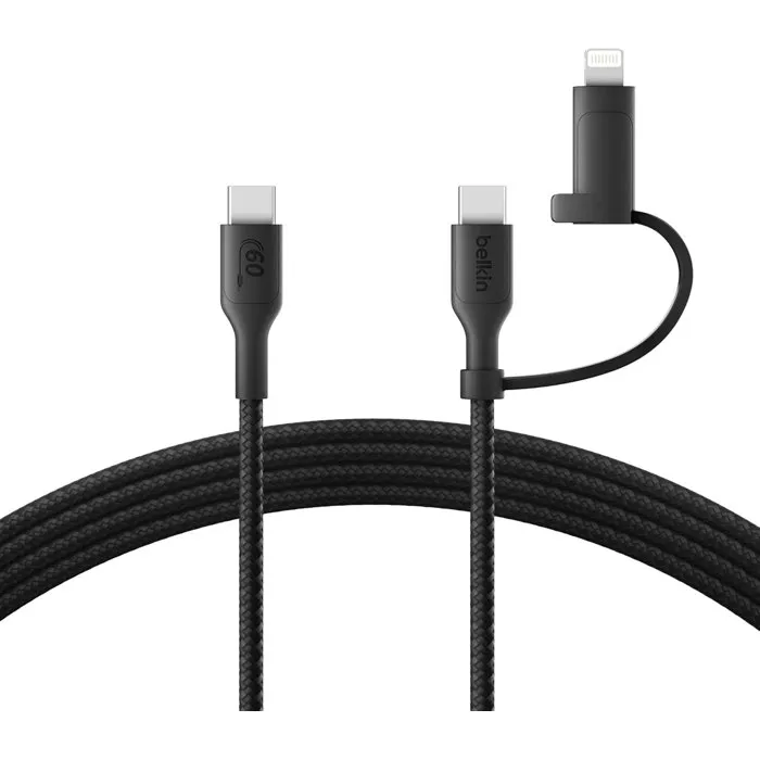 Belkin Cable 2 en 1 BEL1742450445586, USB-C y Lightning, Negro