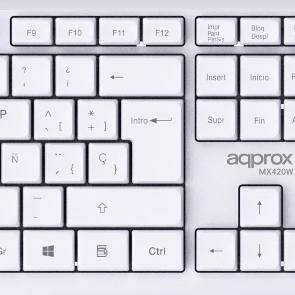 Approx APPMX420W Kit Teclado y Ratón Inalámbrico 2.4 GHz para Oficina y Hogar, 105 Teclas QWERTY Español, Ratón Óptico 1000 DPI, Color Blanco