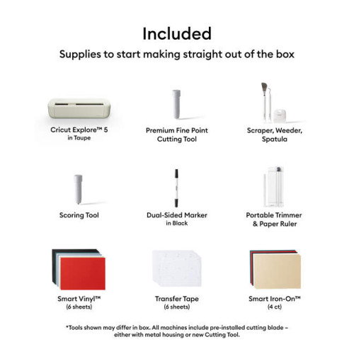 Cricut Explore 5 Essentials Bundle Kit - Máquina de Corte para Vinilo, Papel, Tela y Transferencia Térmica, 30.5 cm, Color Taupe - 2012405