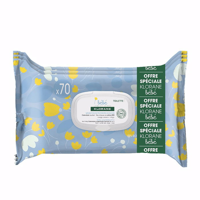 Klorane Bébé Toallitas Limpiadoras Suaves con Caléndula, Lote de 3 x 70 unidades Klorane Bébé Toallitas Limpiadoras Suaves con Caléndula, Lote de 3 x 70 unidades