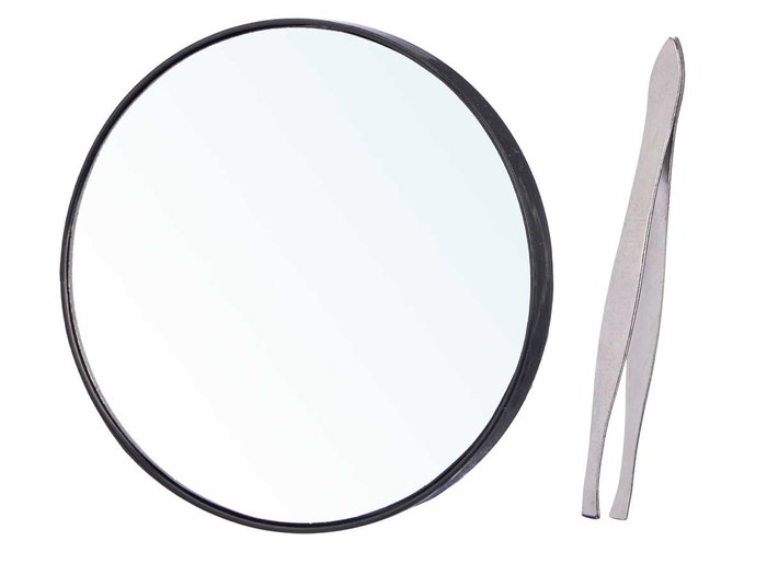 Arte Regal Set Espejo y Pinzas de Maquillaje de Acero Inoxidable, Plata, Aumento x5, Espejo 8.8 cm, Pinzas 8.5 cm, Dimensiones 14x18.5x1.5 cm (Set de 36)