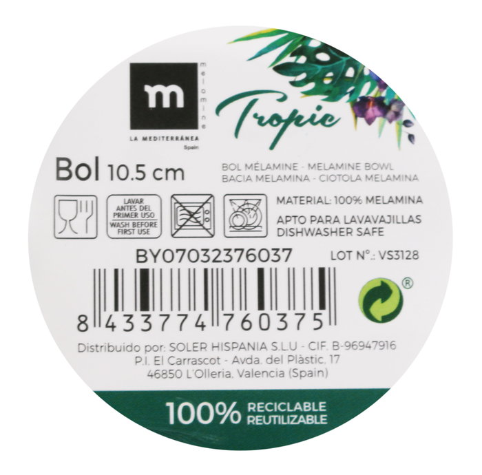 La Mediterranea Bol Melamina Tropic 10.5 cm Brillo (36 Unidades)