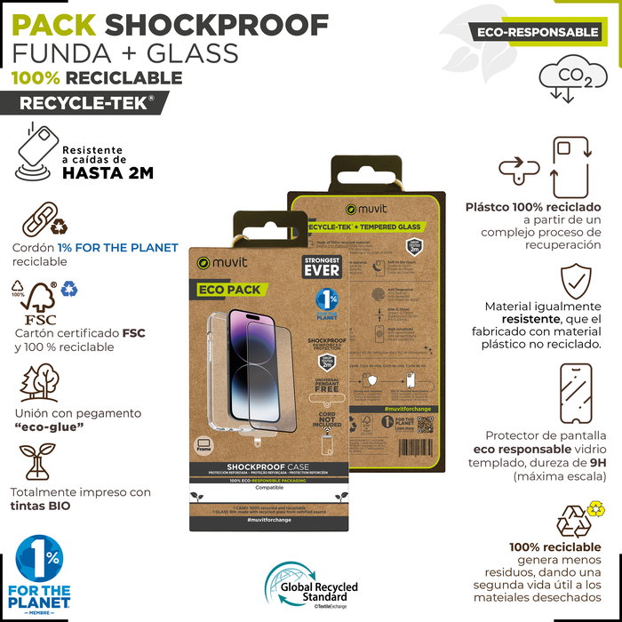 Muvit Funda Shockproof para Apple iPhone 15 - Pack con Crystal Glass Protector - Recycletek Reciclada y Reciclable