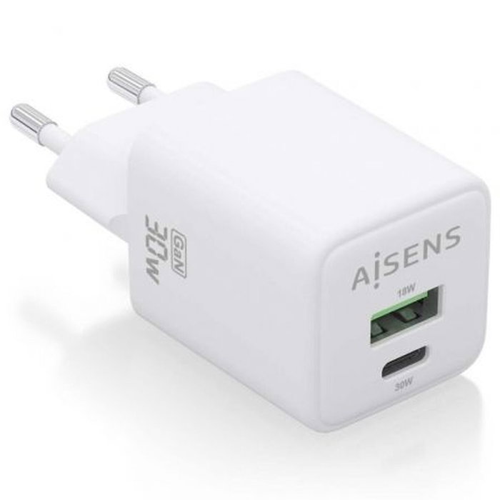 AISENS Cargador GaN 30W USB-C y USB-A ASCH-30W2P037-W Blanco