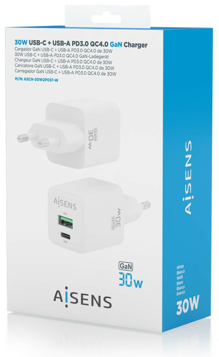 AISENS ASCH-30W2P037-W Cargador GaN USB-C 30W con USB-A, Carga Rápida PD 3.0 QC 4.0 PPS, Universal 100-240V para Portátil Móvil Tablet, Blanco