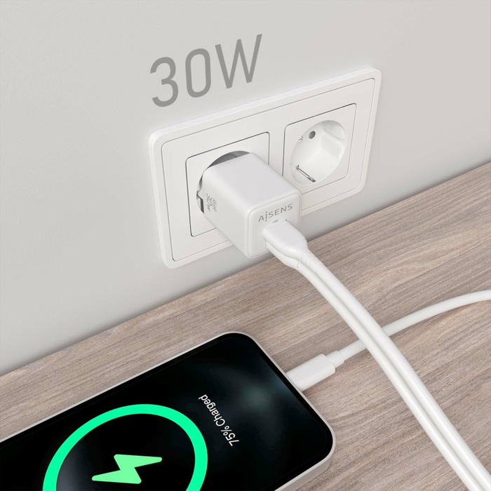 AISENS ASCH-30W2P037-W Cargador GaN USB-C 30W con USB-A, Carga Rápida PD 3.0 QC 4.0 PPS, Universal 100-240V para Portátil Móvil Tablet, Blanco