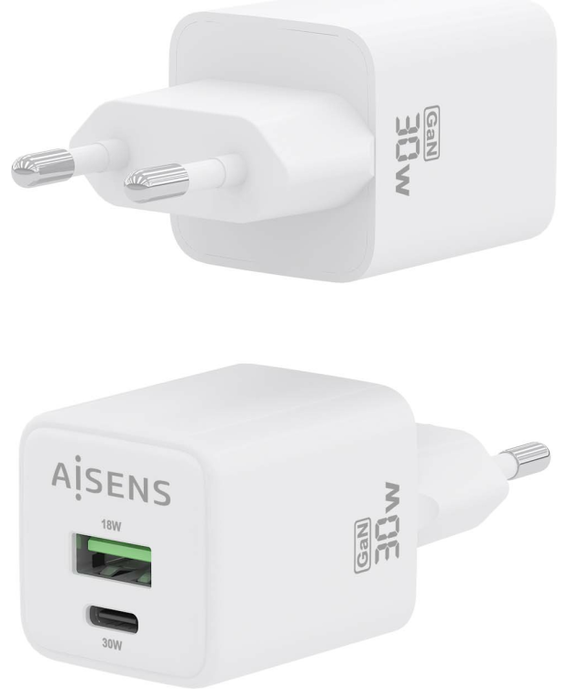 AISENS ASCH-30W2P037-W Cargador GaN USB-C 30W con USB-A, Carga Rápida PD 3.0 QC 4.0 PPS, Universal 100-240V para Portátil Móvil Tablet, Blanco