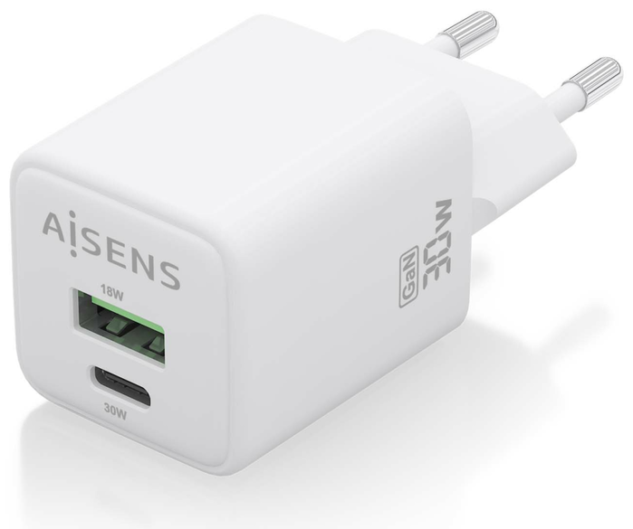 AISENS ASCH-30W2P037-W Cargador GaN USB-C 30W con USB-A, Carga Rápida PD 3.0 QC 4.0 PPS, Universal 100-240V para Portátil Móvil Tablet, Blanco