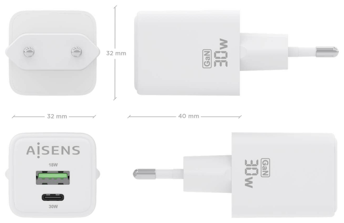 AISENS ASCH-30W2P037-W Cargador GaN USB-C 30W con USB-A, Carga Rápida PD 3.0 QC 4.0 PPS, Universal 100-240V para Portátil Móvil Tablet, Blanco