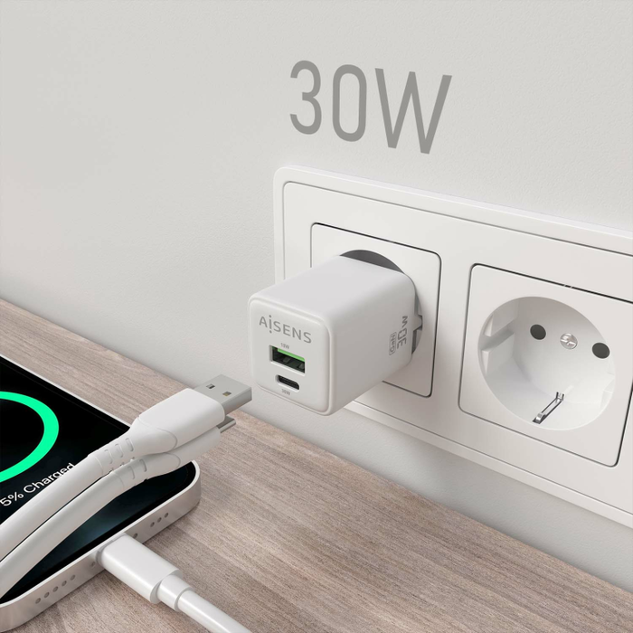 AISENS ASCH-30W2P037-W Cargador GaN USB-C 30W con USB-A, Carga Rápida PD 3.0 QC 4.0 PPS, Universal 100-240V para Portátil Móvil Tablet, Blanco