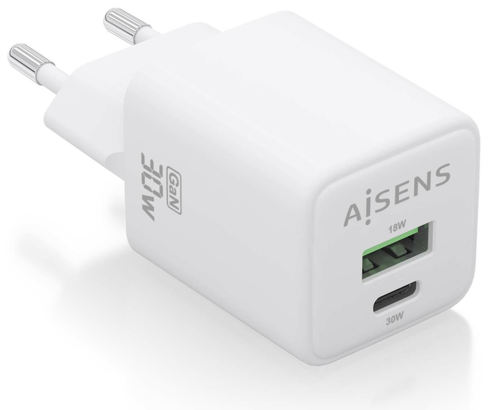 AISENS ASCH-30W2P037-W Cargador GaN USB-C 30W con USB-A, Carga Rápida PD 3.0 QC 4.0 PPS, Universal 100-240V para Portátil Móvil Tablet, Blanco