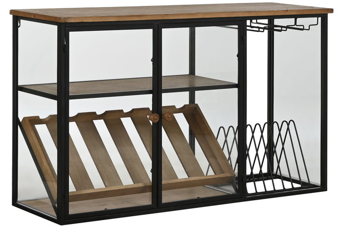 DKD Home Decor Botellero Natural Negro Metal Cristal Madera 32 x 60 x 102 cm