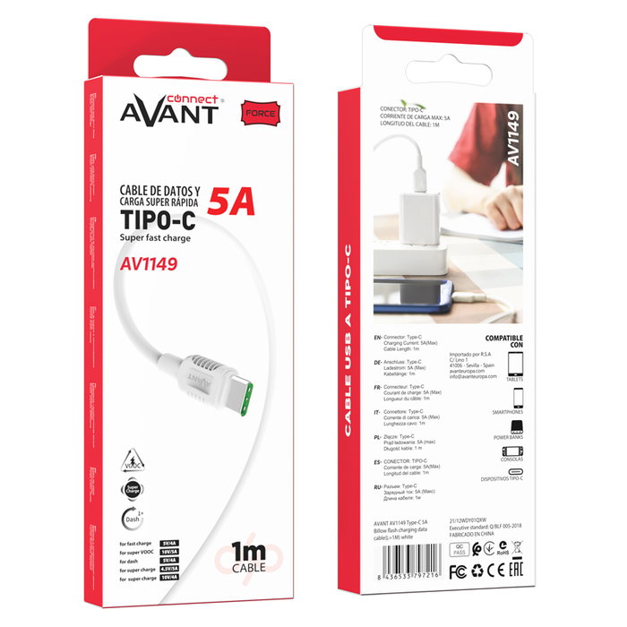 AVANT CONNECT Cable USB Tipo A a USB-C 1m, carga rapida 5A, Force Edition