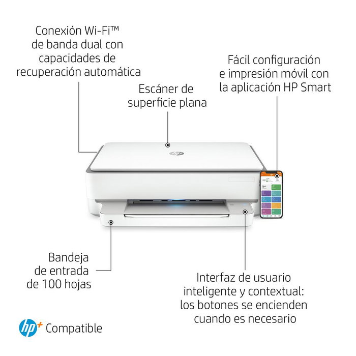 HP ENVY 6020E Impresora Multifunción Inyección Tinta WiFi Color, Copia, Escáner, AirPrint, HP Smart, 1200x1200ppp