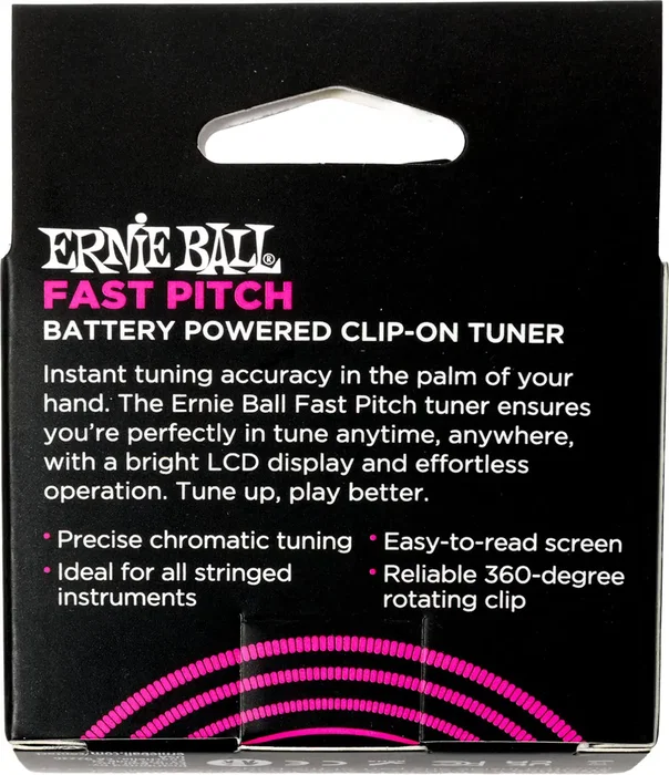 ERNIEBALL Fast Pitch Afinador de Pinza Cromático para Guitarra/Bajo, Clip Giratorio 360°, Pantalla LCD, CR2032 Incluida