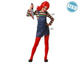 Disfraz Infantil de Muñeca Poseída Halloween para Niña 5-6 Años con Peto y Camiseta a Rayas Azul Gris