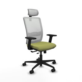 Silla de oficina Haches con mecanismo Sincro/Traslack tapizada con Tela color Verde oliva y malla color Blanco. Equipada con lumbar 1D, Brazos 2D, Cabecero 2D y Ruedas 65mm nailon