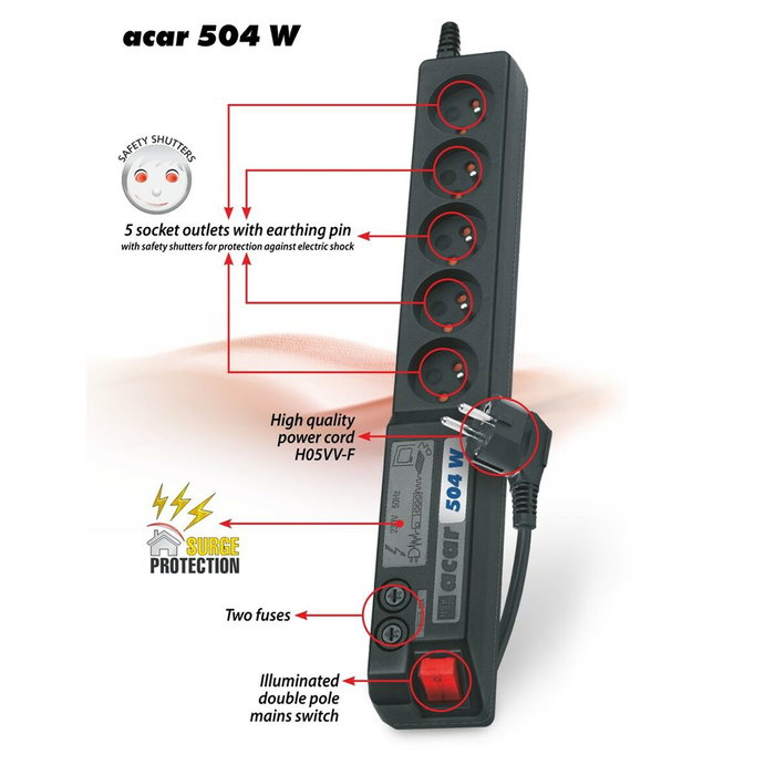 Regleta Enchufes 5 Tomas con Interruptor Acar W0073 (3 m)