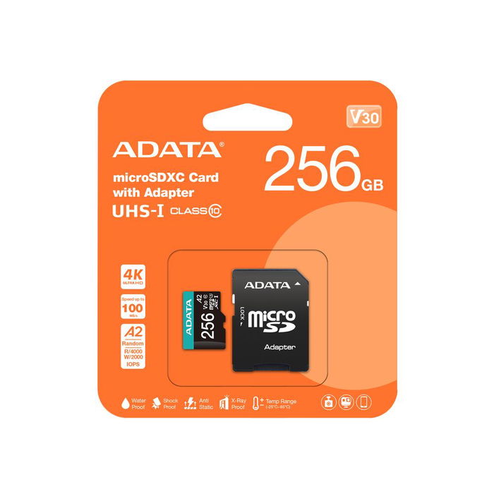 Adata Tarjeta de Memoria microSDXC 256GB UHS-I U3 Clase 10 V30 A2, Rendimiento Hasta 100MB/s, con Adaptador, AUSDX256GUI3V30SA2 Adata Tarjeta de Memoria microSDXC 256GB UHS-I U3 Clase 10 V30 A2, Rendimiento Hasta 100MB/s, con Adaptador, AUSDX256GUI3V30SA2