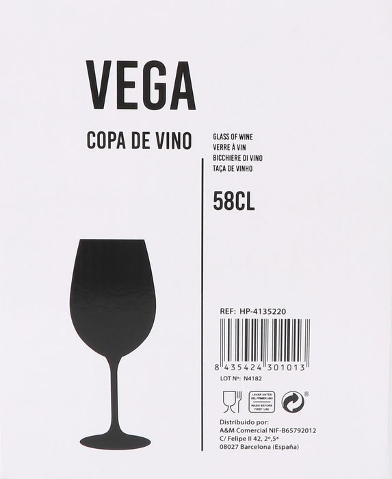 Inde - Copa de Vino Vega, 580 ml / 58 cl, Cristal, Diámetro 7.5 cm x Altura 23 cm, Peso 240 g (24 Unidades)