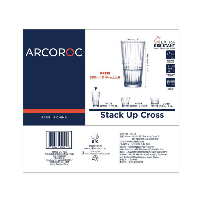 Arcoroc Caja de 6 Vasos Altos Stack'Up Cross de Vidrio 35 cL Arcoroc Caja de 6 Vasos Altos Stack'Up Cross de Vidrio 35 cL