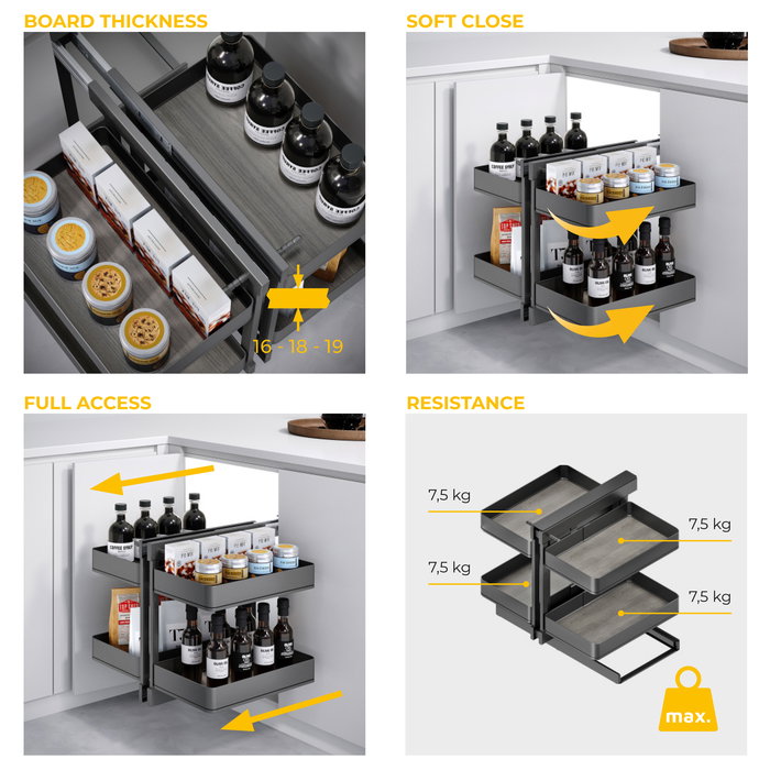 Emuca Sistema de rinconero articulado extraíble Harmony para mueble de cocina, Derecha/Izquierda, Acero y Madera, Gris antracita