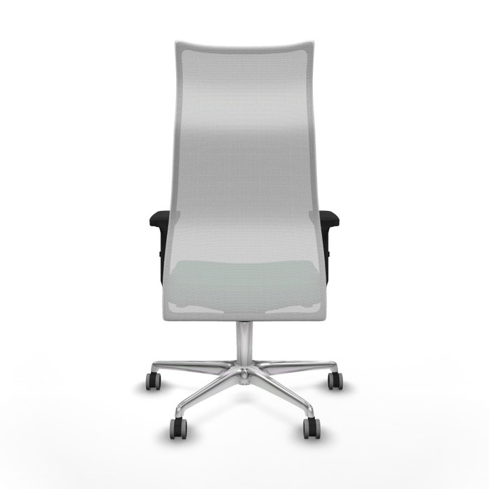 Sillón Albacete con mecanismo Sincro tapizada con Tela color Verde esmeralda y malla color Blanco. Equipado con Base aluminio, Brazos 2D y Ruedas 65 mm parqué