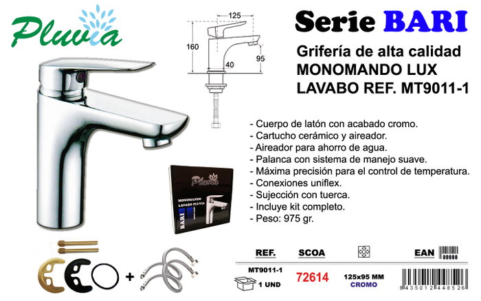 PLUVIA Grifo Monomando Bari Lux Lavabo MT9011-1