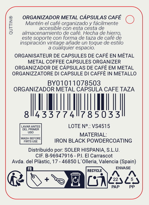 Quttin Organizador de Metal para Cápsulas de Café y Tazas