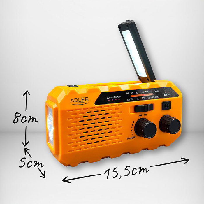 Adler Radio Portátil Solar con Manivela y Powerbank AD 1197 - FM, Linterna SOS, 8h Autonomía, Jack 3.5mm, 1200 mAh