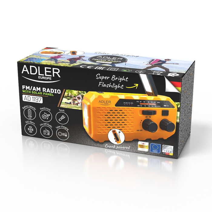 Adler Radio Portátil Solar con Manivela y Powerbank AD 1197 - FM, Linterna SOS, 8h Autonomía, Jack 3.5mm, 1200 mAh
