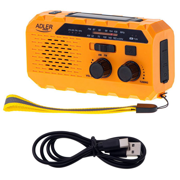 Adler Radio Portátil Solar con Manivela y Powerbank AD 1197 - FM, Linterna SOS, 8h Autonomía, Jack 3.5mm, 1200 mAh