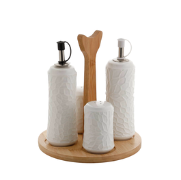 DKD Home Decor Set de 4 Aceiteras y Vinagreras de Porcelana y Bambú