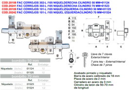 Facilidad de cerrojo 302-L / 115 níquel derecha cilindro 50 mm