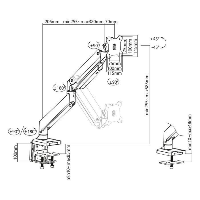 Digitus DA-90426 Soporte de Monitor de Mesa con Pistón de Gas, para 1 Pantalla de hasta 35" y 15 kg