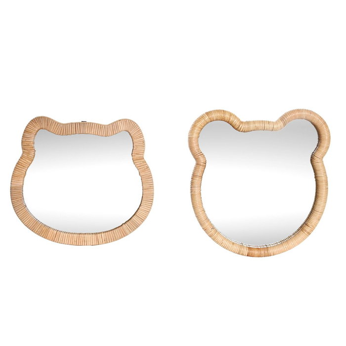 DKD Home Decor Espejo de Ratán y Cristal Gato y Oso, Surtido de 2 Unidades, Natural