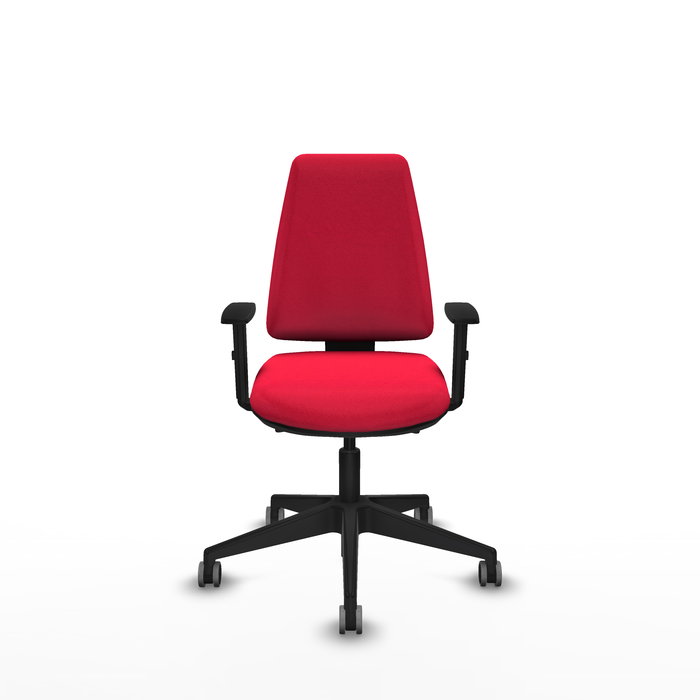 Silla de oficina Elche con mecanismo Asincro tapizada con Tela color Rojo. Equipada con Base piramidal negra, Brazos 1D y Ruedas 65 mm parqué