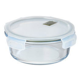 San Ignacio Fiambrera Hermética Redonda de Borosilicato Experto 950ml, Ø18.4x7.6cm, 4 Cierres, Válvula, Apilable, Apta Lavavajillas, Congelador, Horno y Microondas