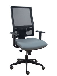 Silla de oficina Horna con mecanismo Sincro tapizada con Tela color Gris y malla color Negro. Equipada con lumbar 1D, Brazos 1D y Ruedas de parqué