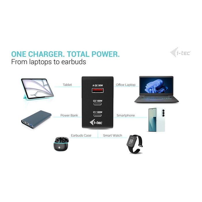 I-Tec 100W Intelligent Multiport USB Cargador 2x USB-C 1x USB-A con Pantalla LCD