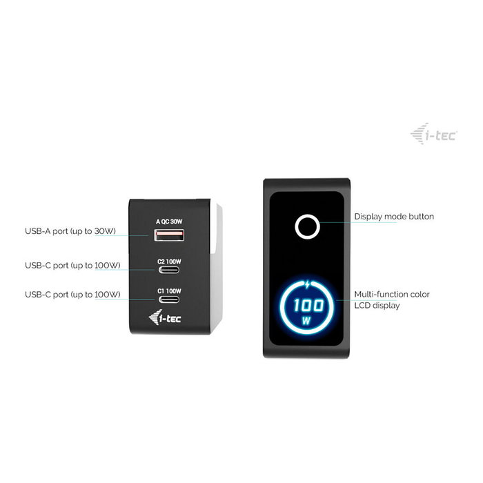 I-Tec 100W Intelligent Multiport USB Cargador 2x USB-C 1x USB-A con Pantalla LCD