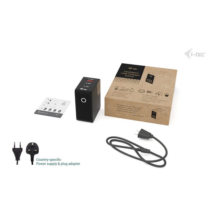 I-Tec 100W Intelligent Multiport USB Cargador 2x USB-C 1x USB-A con Pantalla LCD